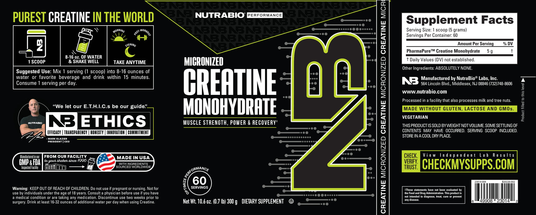 NutraBio Creatine Monohydrate - 300 Grams 60 servings