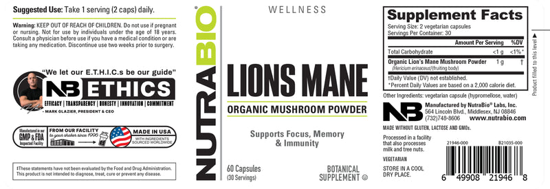 NutraBio Lions Mane Organic 500mg 60VegCaps